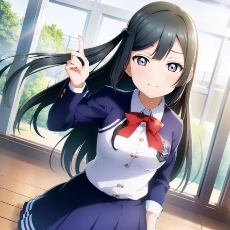 1girl, solo,(best quality),(masterpiece:1.1),(Yuki Setsuna:1.3) ,(school uniform:1.4),dress, looking_at_viewer, neck_ribbon, cute, clear facial skin,