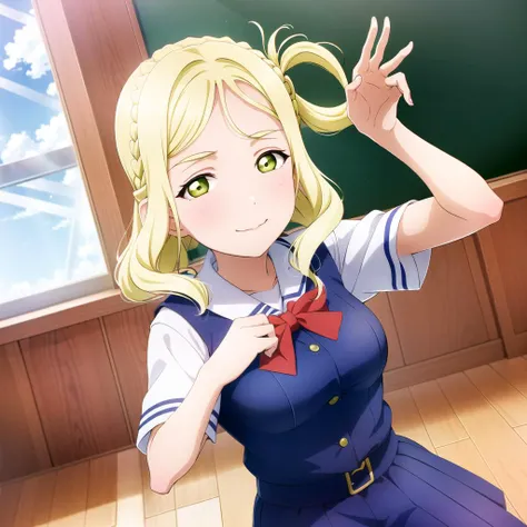 1girl, solo,(best quality),(masterpiece:1.1),(Ohara Mari:1.3) ,(school uniform:1.4),dress, looking_at_viewer, neck_ribbon, cute, clear facial skin,