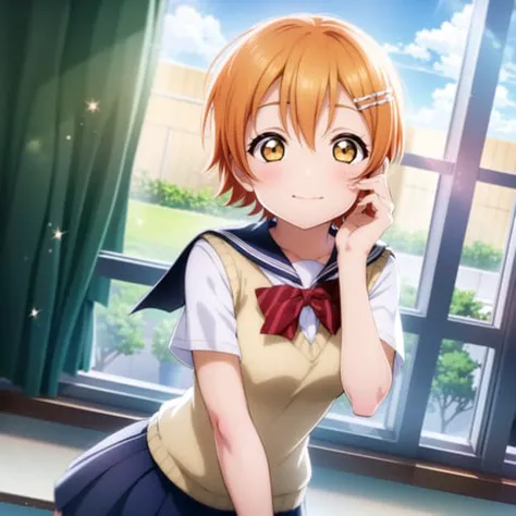 1girl, solo,(best quality),(masterpiece:1.1),hoshizora rin ,(school uniform:1.4),dress, looking_at_viewer, neck_ribbon, cute, cl...