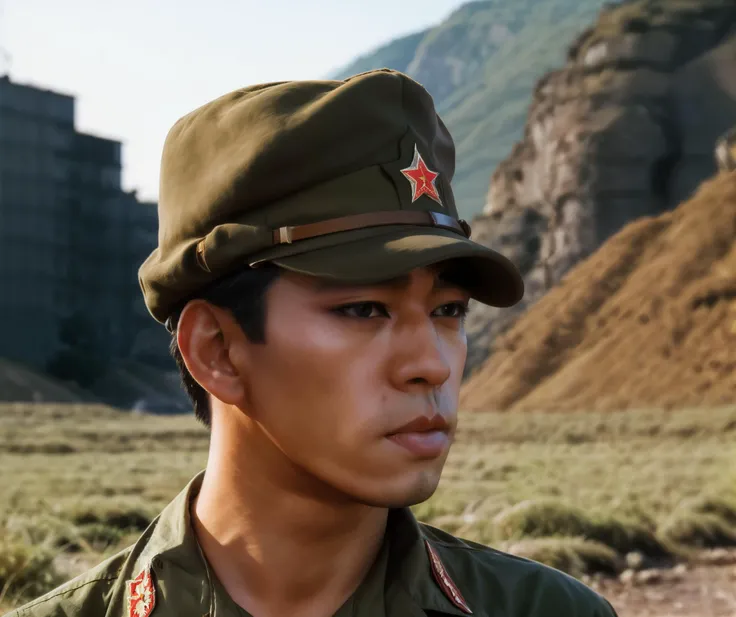 portrait of handsome man ryuichi sakamoto, wearing an imperial japanese army military uniform, world war 2 archive photo, rugged soldier, field cap, (masterpiece, best quality:1.2), solo, analog style, 50 mm, hyperdetailed, hyperrealistic, radiosity, photo...