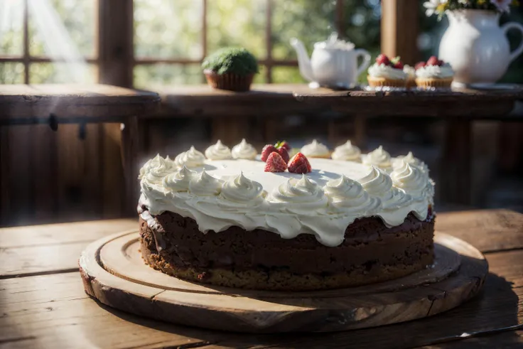 macro photo, shallow depth of field, A table full of cakes, wooden table, blurry background, bloom light effect, god rays, realism, detailed, <lora:add_detail:0.85>