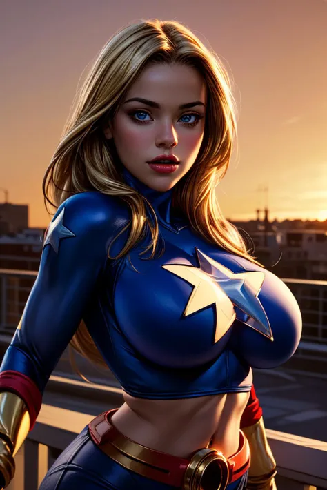 (ultra realistic,32k, masterpiece:1.2),(high detailed skin:1.1),( 8k uhd, dslr, high quality:1.1),
 <lora:stargirl_DC_v1:0.7>stargirl_dc, , <lora:add_detail:0.9>, (huge breast:1.1), 
(looking at viewer, portrait:1.1),,upper body,
,(golden hour:1.1), blank ...