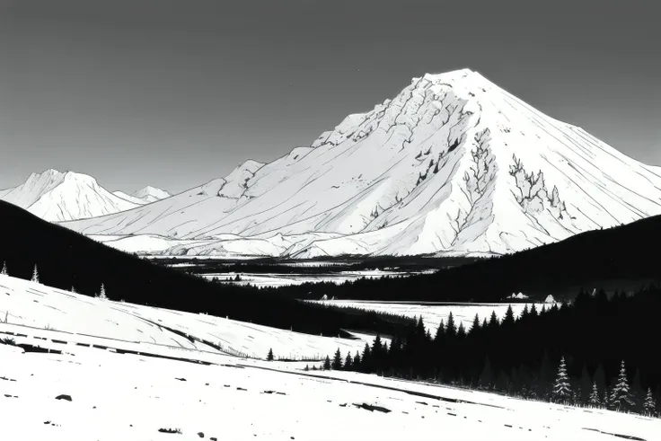 there is a black and white photo of a mountain with a snow covered peak