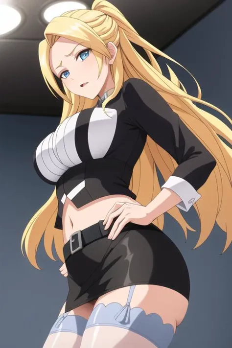 jail uniform, belt, pantyhose, pencil skirt, shirt, midriff, garter belt, garter straps,,<lora:more_details:0.1>,
<lora:Sayaka_Midou_Mankitsu_Happening-KK77-V1:0.6>, blonde hair, Bangs, very long hair,
1 girl, 20yo, mature female, Beautiful Finger,Beautifu...