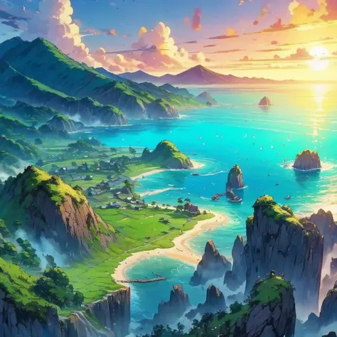 a painting of a beautiful sunset over a mountain and ocean