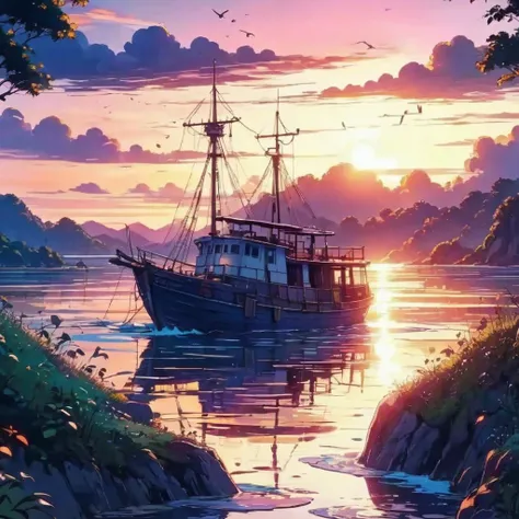 a painting of a boat floating on top of a river