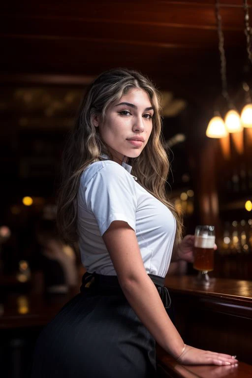 DEN_bratty_barbie,
(working in a dark atmospheric bar, working behind the bar, pulling pints, bar, dark wood bar, atmospheric, wearing a shirt and tie and skirt:1.2),
bokeh, f1.4, 40mm, photorealistic, raw, 8k, textured skin, skin pores, intricate details ...