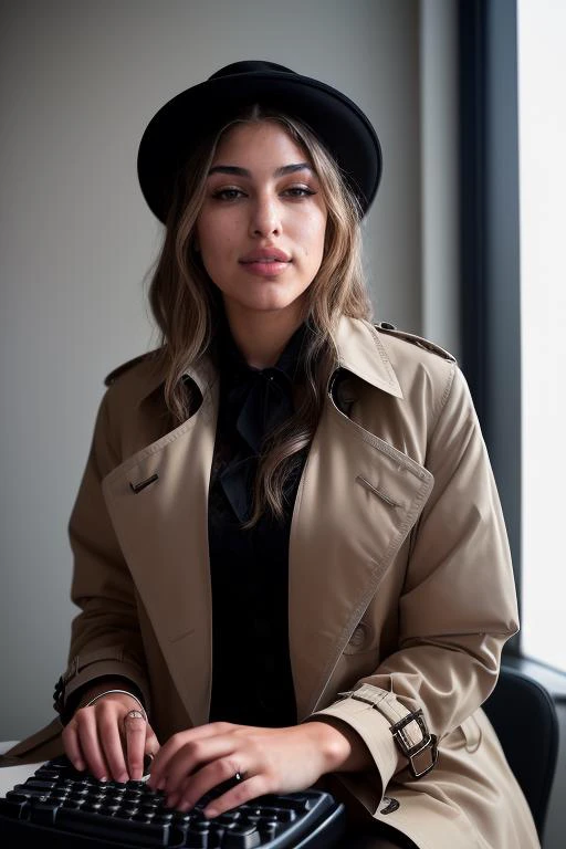 DEN_bratty_barbie,
(a 1940s private investigator wearing a trench coat and rimmed hat sitting in a drab dank office at the desk using a typewriter, private investigator, 1940s:1.2),
bokeh, f1.4, 40mm, photorealistic, raw, 8k, textured skin, skin pores, int...