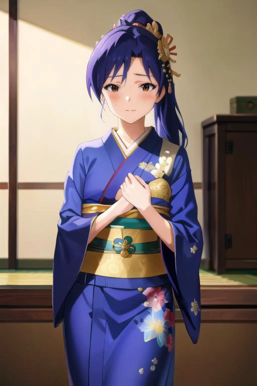 absurdres, highres, masterpiece, best quality,
chihaya kisaragi, flat chest, skinny, dark blue hair, hair up, looking at viewer,
dark purple kimono, floral print , gold obi, gold belt,
hands on own chest, upper body,
indoor, shouji,
<lora:chihaya-idolmaste...