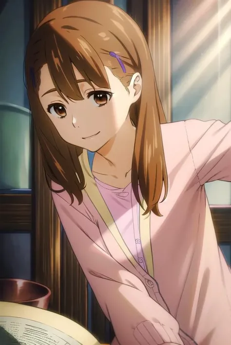 toukoyadomi, <lora:touko yadomi s1-lora-nochekaiser:1>,
touko yadomi, long hair, brown hair, (brown eyes:1.7), hair over shoulder, hair clip, smile,
BREAK shirt, yellow shirt, collarbone, long sleeve, cardigan, (pink cardigan:1.5),
BREAK indoors,
BREAK loo...