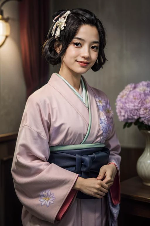 (masterpiece,best quality:1.5), ultra realistic,32k,RAW photo,(high detailed skin:1.2), 8k uhd, dslr, soft lighting, high quality, film grain, 1girl, pink kimono, standing, looking at viewer, smile, japanese clothes, (flower:1.3) susato mikotoba,  <lora:ga...