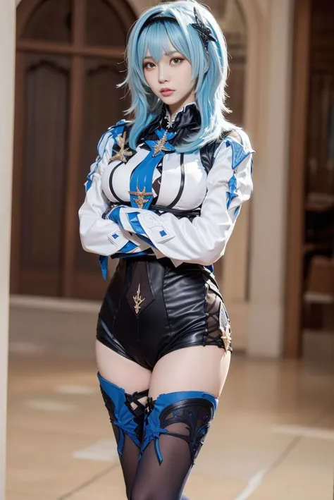 1girl, blue hair, short hair, black thighhighs, hairband, bangs, symmetry eyes,detailed face,outsides a white gothic church,((standing with crossed arms in front of  chest))extending outwards),head down,full body,medium breasts, eula (genshin impact), ((lo...