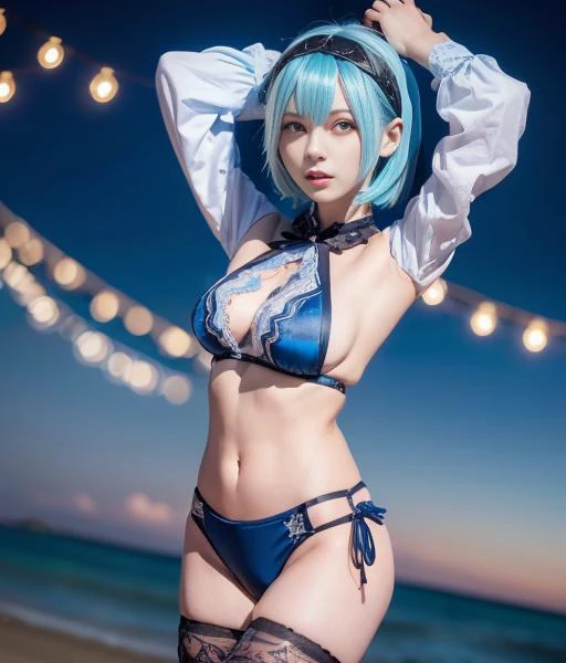 1girl, blue hair, short hair, black thighhighs, hairband, bangs,(masterpiece, best quality, 1girl, solo, blue bikini lace pattern,  arms up, armpits, lanterns, beach,dim lighting ,look at viewer, <lora:eulaRealisticGenshin_eula:0.4>