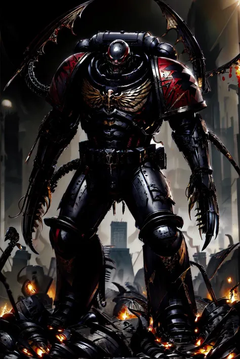 primaris, full body shot, battlefield background, standing, claws, fangs, xenomorphdna