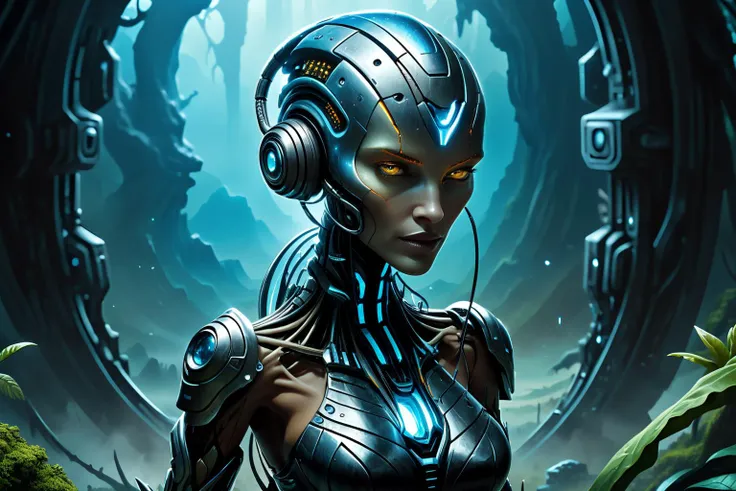 a close up of a woman in a futuristic suit with headphones