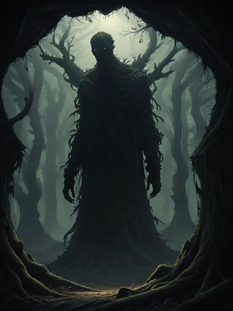 a dark - skinned man stands in a forest with trees and branches