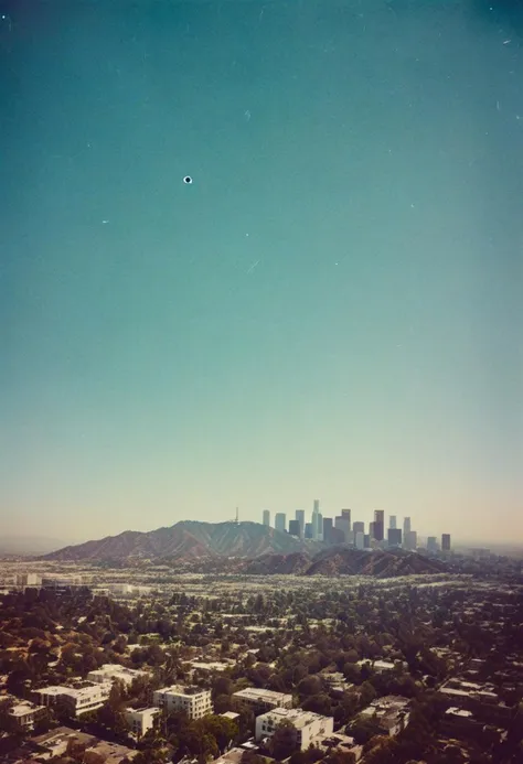 ()hyoer realistic:2.0)polaroid picture 
an image of 
a stunning aerial view of los angeles, california, with a beautiful blue sk...