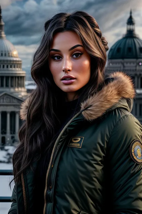 photo of beautiful (EPB14nc4Km13c:0.99), a woman with perfect hair, hair upsweep updo, wearing (black Sherpa-lined Parka :1.1), (plain blue capitol building :1.1), modelshoot style, (extremely detailed CG unity 8k wallpaper), professional majestic photogra...