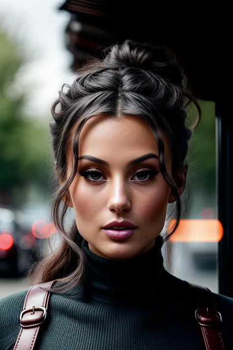 photo of beautiful (EPB14nc4Km13c:0.99), a woman with perfect hair, hair upsweep updo, wearing (red Ribbed Turtleneck :1.1), (plain blue outside, bus stop, wind :1.1), modelshoot style, (extremely detailed CG unity 8k wallpaper), professional majestic phot...