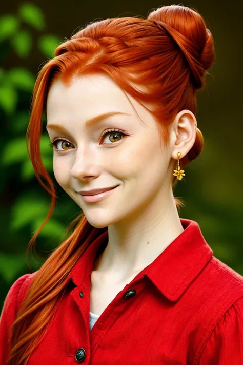 a close up of a woman with red hair and a red shirt