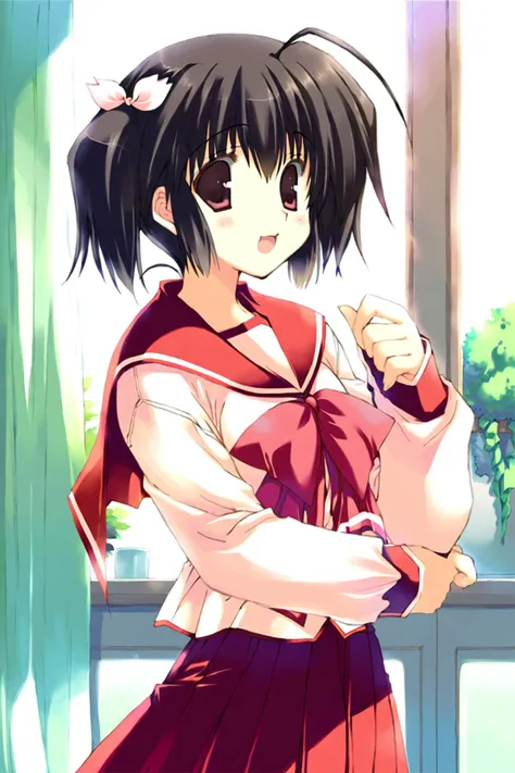 anime girl in a red and white dress holding a cat