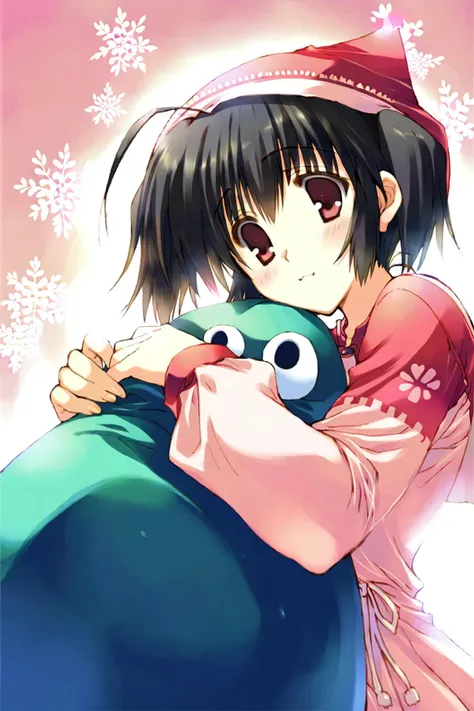 anime girl hugging a stuffed animal with snowflakes in the background