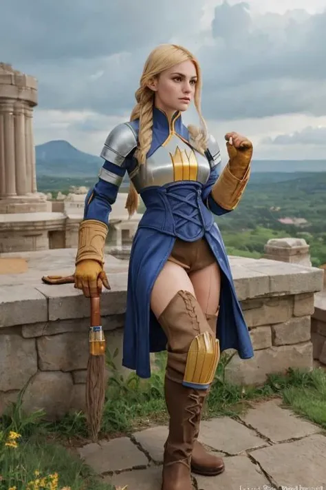 ethereal fantasy concept art of full body portrait, 1girl, <lora:agrias-nvwls-v3:1> agrias, armor, corset, blue dress, brown gloves, weapon, cross-laced boots, looking at viewer, sidelocks, braided ponytail, yellow eyes,  . magnificent, celestial, ethereal...