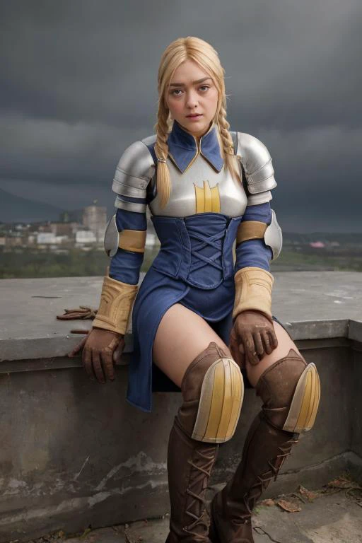 a woman in a blue dress and brown boots sitting on a ledge