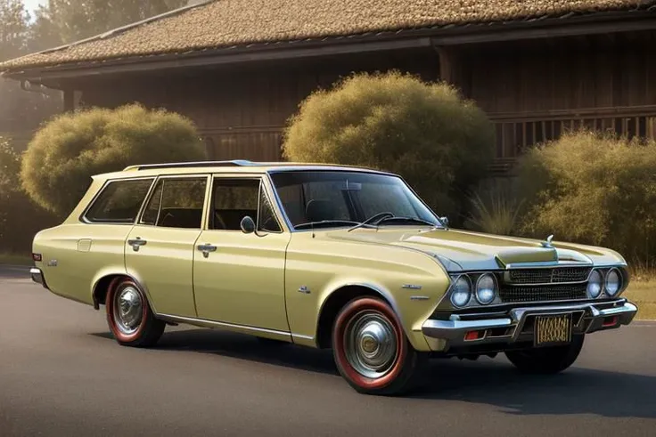 a close up of a yellow station wagon parked on a street