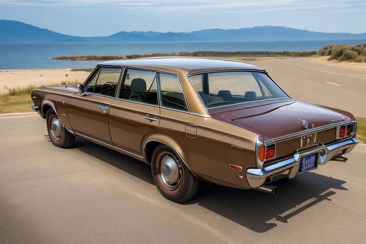 a close up of a brown car driving down a road near a beach