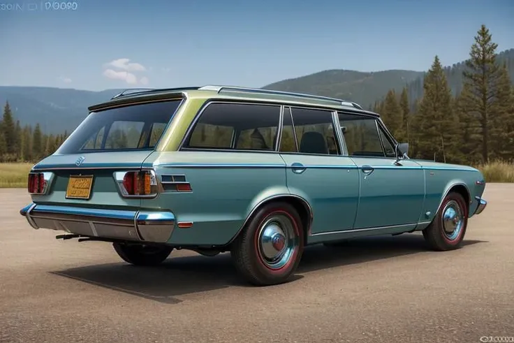 a close up of a blue station wagon parked in a parking lot