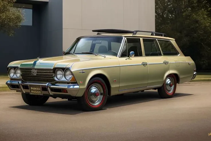 arafed yellow station wagon parked in front of a building