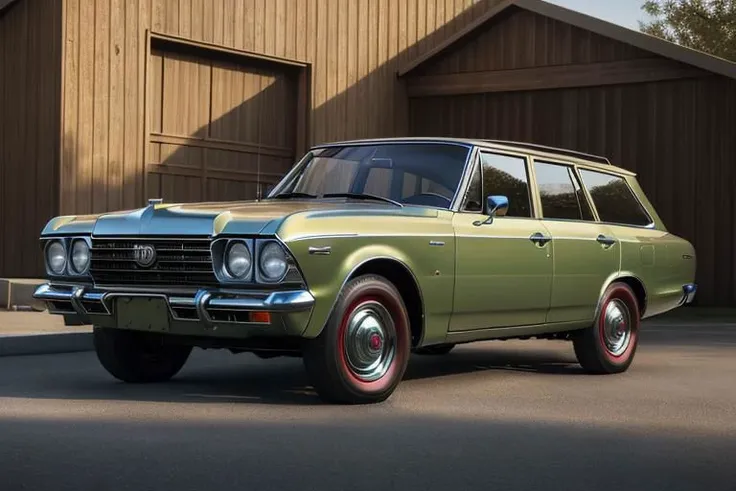 a close up of a green station wagon parked in front of a building