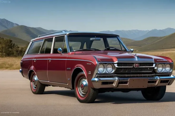 a close up of a red station wagon driving down a road