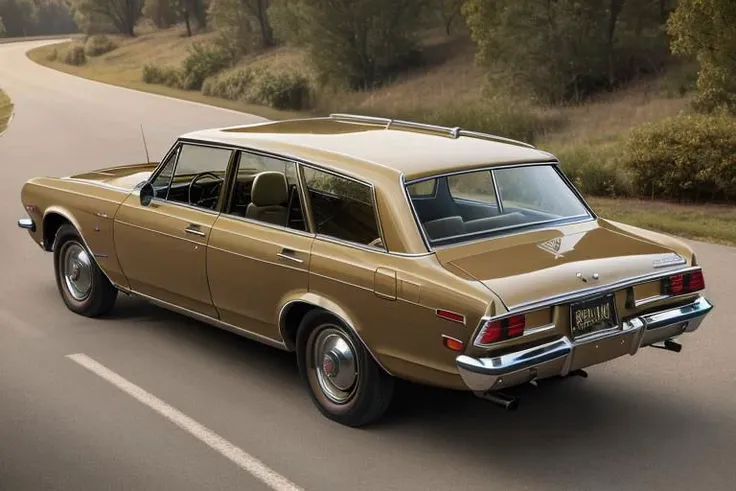 a close up of a tan station wagon driving down a road