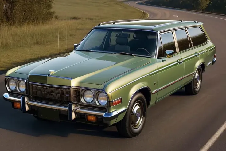 a close up of a green station wagon driving down a road