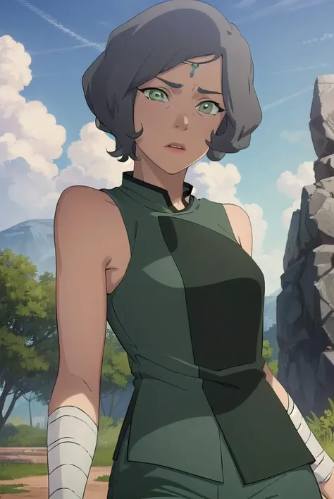 avatarsuyin, <lora:avatar suyin-lora-nochekaiser:1>,
suyin, short hair, grey hair, (green eyes:1.5), dark skin, dark-skinned female,
BREAK sleeveless, pants, bandages, green pants, wrist wrap, ankle wrap,
BREAK outdoors, forest, nature, grass, trees, sun, ...