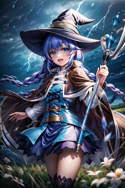 masterpiece, ultra detailed background, delicate pattern, intricate detail, highly detailed, fine details, best quality, studio lighting, 4K, 8K,
1girl, smile, (witch hat:1.2), blue eyes, blue hair, twin braid, twintails, (brown coat:1.1), cape, robe, brai...