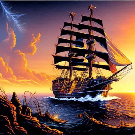 ((galleon flying), levitating) above the ground, from the setting sun, the avenue is illuminated by widths and the ship floats l...