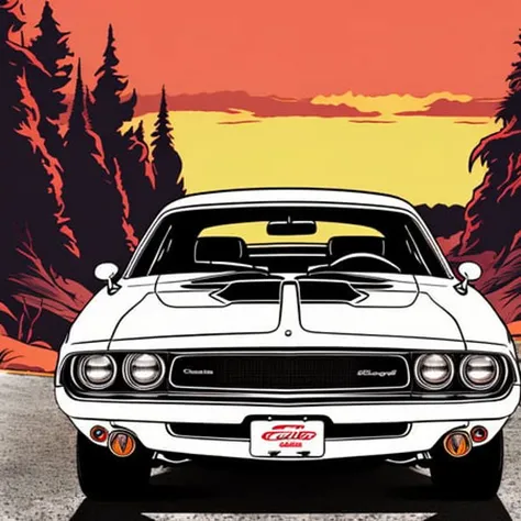 a 1970 dodge challenger die-cut sticker, 2d cartoon, anime key visual, anime wallpaper, 4k uhd background, jrpg background, extr...