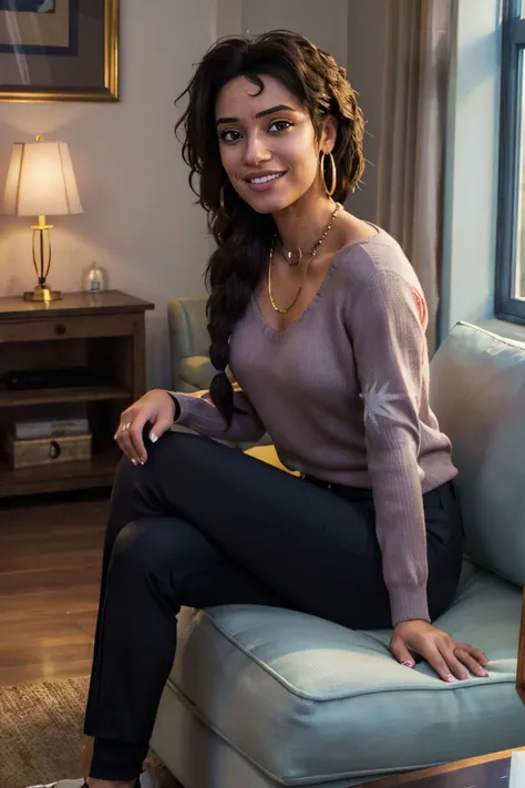 araffe woman sitting on a couch in a living room with a lamp