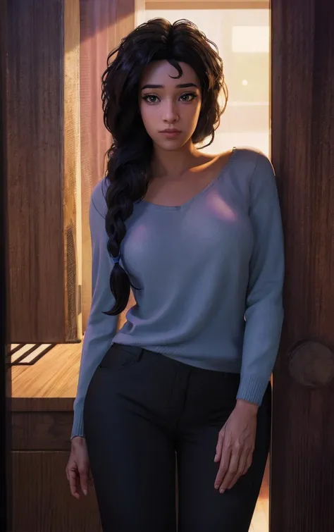 a woman standing in a doorway with a long black hair