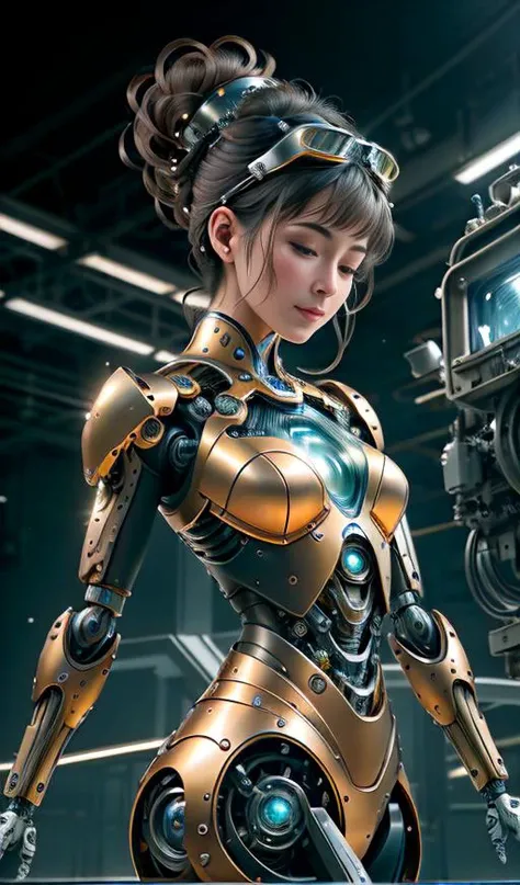 adela, complex robot, halo,  Amidst the chaotic swirl of machinery and circuitry, beautiful woman (smile) emerges like a living marvel. Her exposed mechanical components gleam with a cold, metallic beauty, while her biological elements remain raw and vulne...