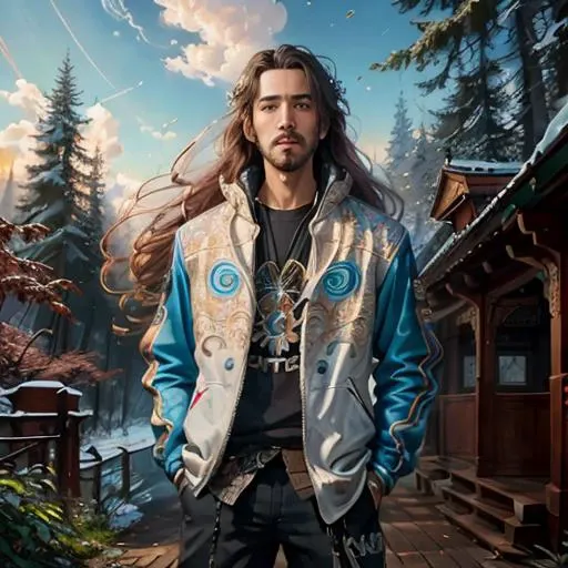 arafed man with long hair standing on a wooden deck in front of a cabin