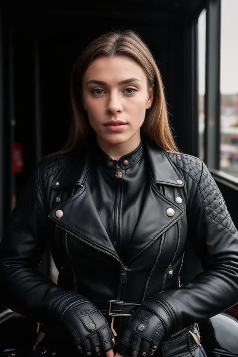 a woman in a black leather jacket and gloves standing next to a motorcycle