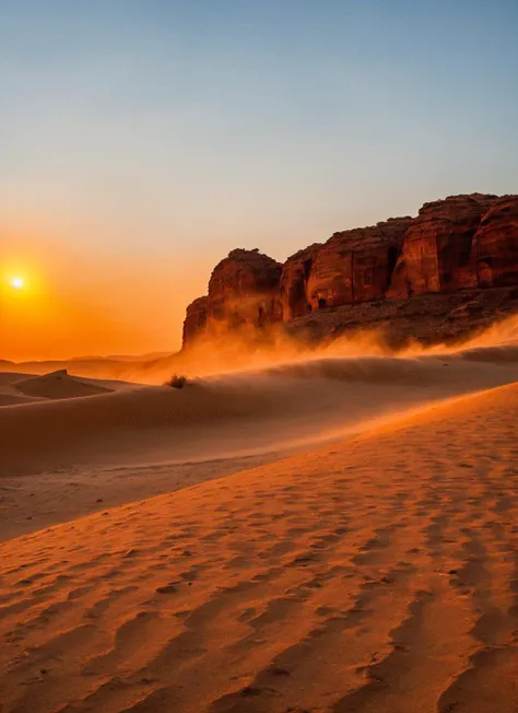 araffes in the desert at sunset with a mountain in the background