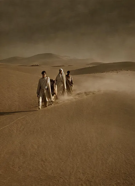 three men are riding horses in the desert on a cloudy day