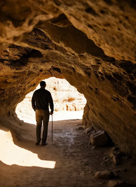 arafed man walking through a cave with a stick in his hand