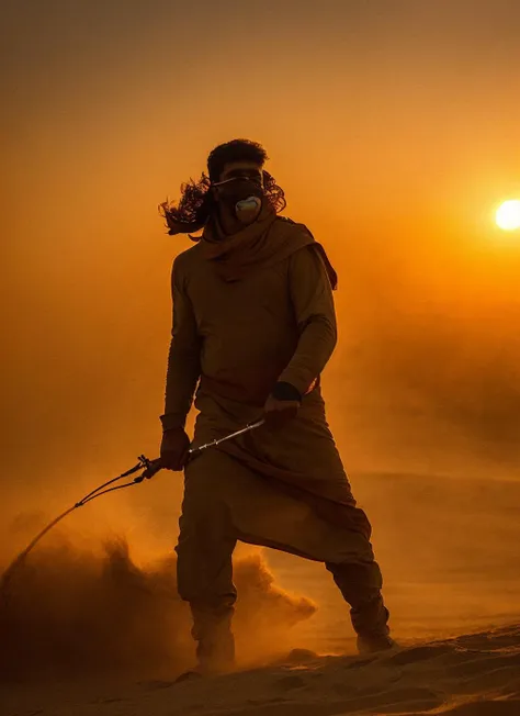 arafed man with a sword and a mask on standing in the desert