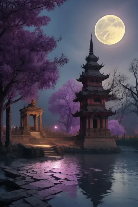 (Realistic:1.5) EdobLandscapeAlpha , watermark, reflection, east asian architecture, artist name, bare tree, too many, full moon, purple rose, cityscape, bare tree, <lora:EdobLandscapeAlpha_v1.0:0.8>